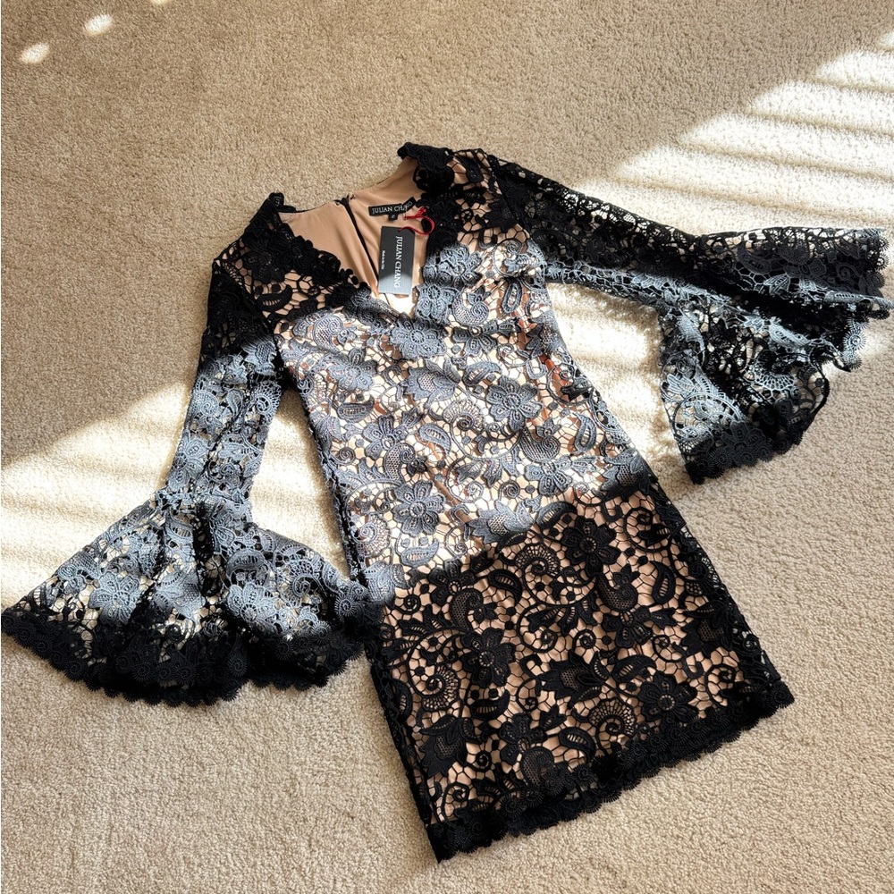 Julian Chang Black Lace Bell Sleeve Dress